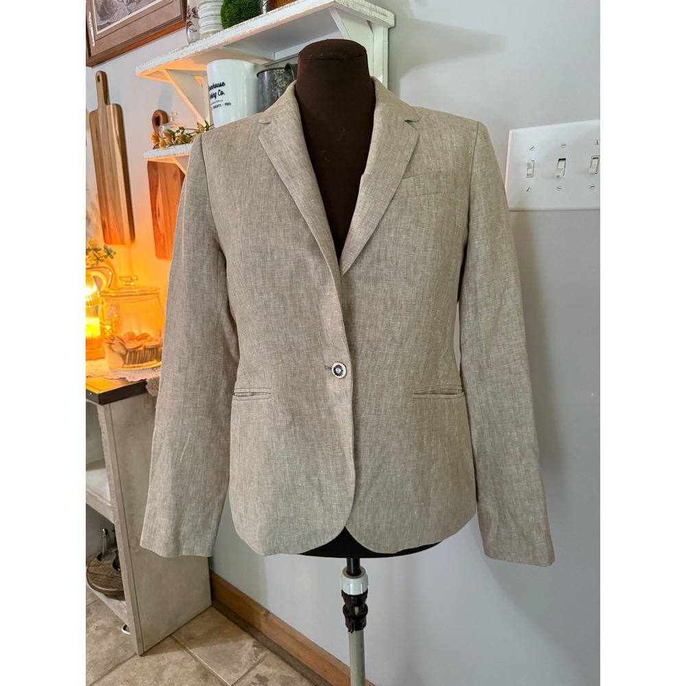 J.Crew Campbell Blazer women's 6 Tan Linen Nautical Crest Button Jacket neutral